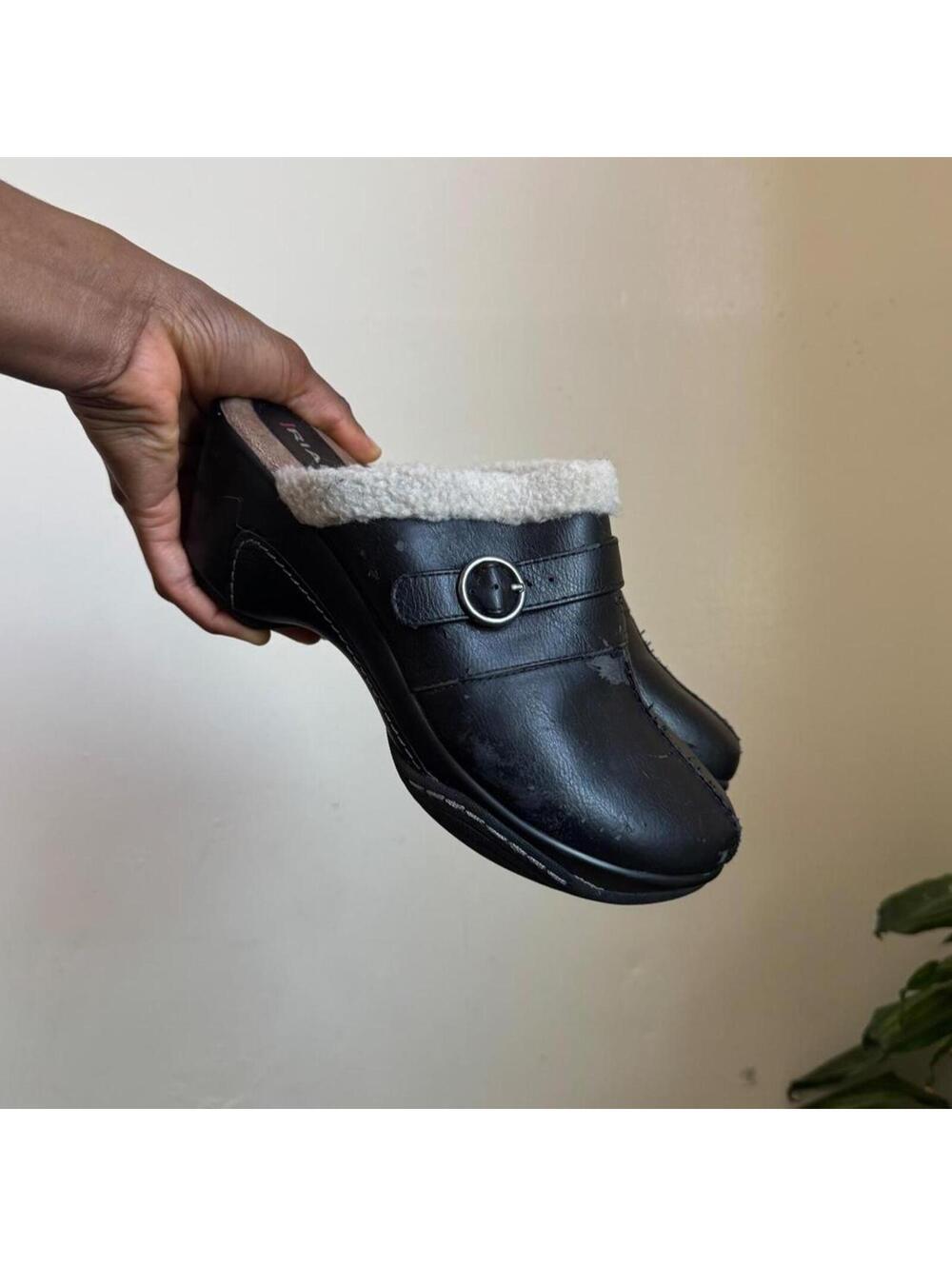 Vintage Y2K Rialto Black Faux Fur Lined‎ Clogs Mules Wedges US 8.5 - Picture 4 of 8
